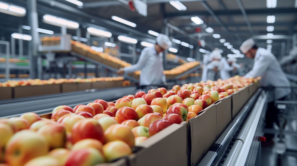 create highquality realistic photograph staff packing apples into boxes conveyor line