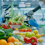 table with bunch vegetables fruits quality check using microscope